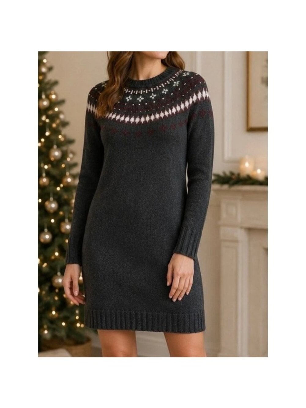 J.Crew Sweater Dress Size Small Fair Isle Gray Knit Jewel Embellished Crew Neck